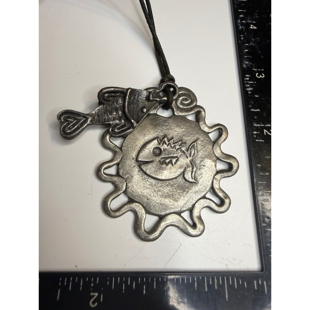 Express Pewter Tone Sun Fish Pendant Necklace Black Cord Artisanal Statement
